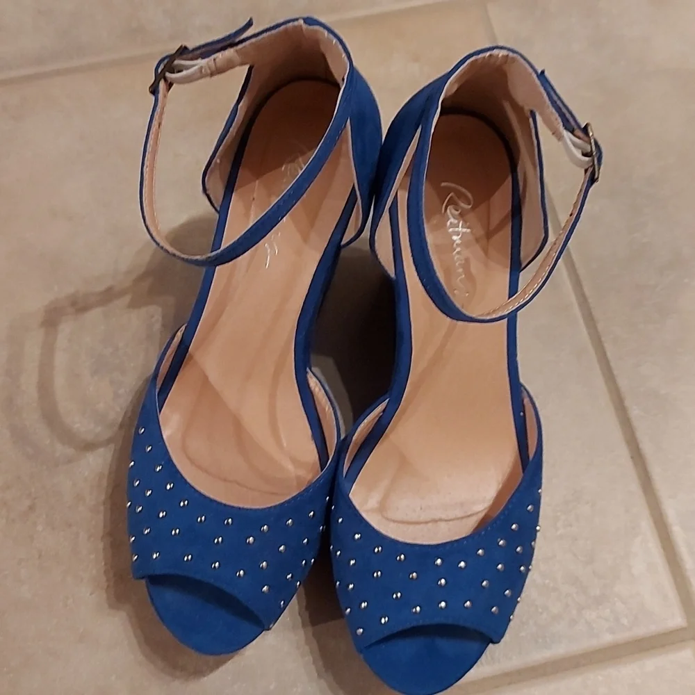 Royal Blue Suede Ankle Strap Platform Wedges with Silver Studs - Picture 3 of 6